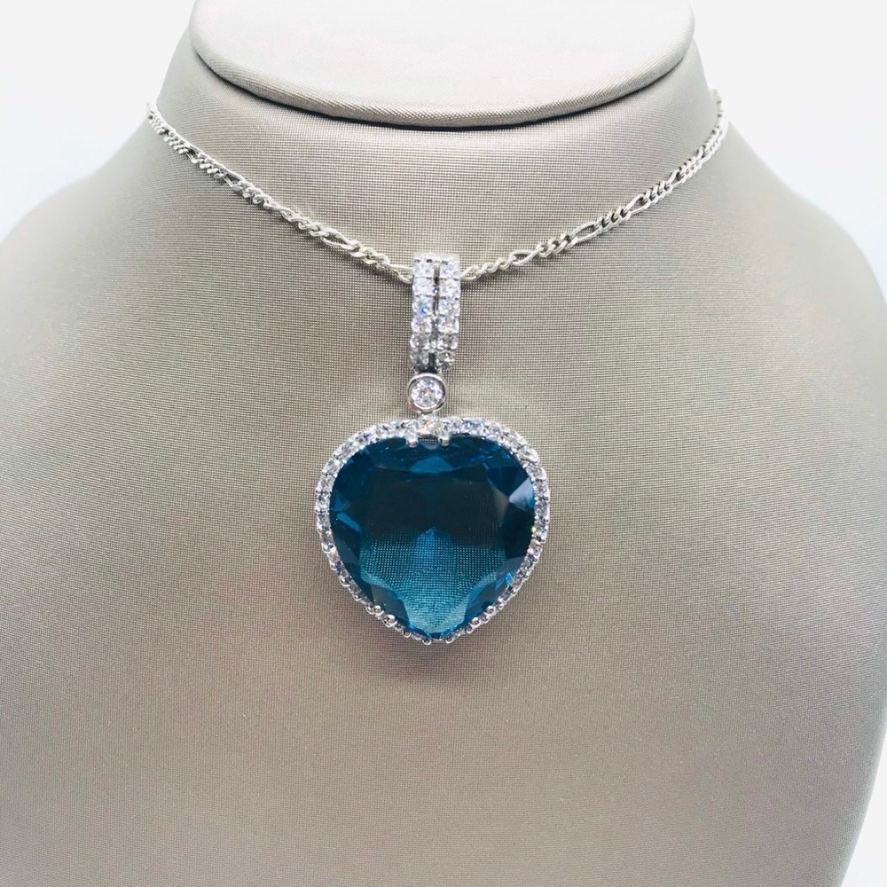Silver Blue Synthetic & CZ Heart Shape Stone Pendant & 18” Long Figaro Chain